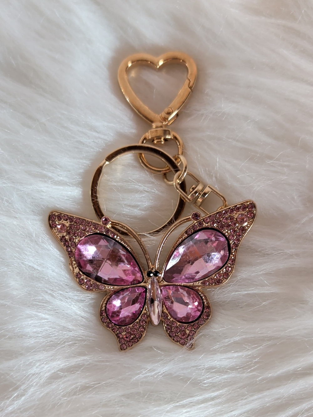 Pink Crystal Butterfly Key Charm with Gold Hardware